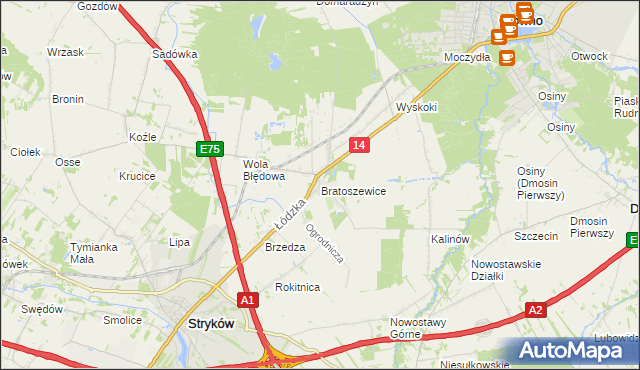 mapa Bratoszewice, Bratoszewice na mapie Targeo