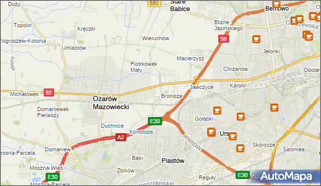 mapa Bronisze gmina Ożarów Mazowiecki, Bronisze gmina Ożarów Mazowiecki na mapie Targeo