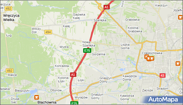 mapa Gorzelnia gmina Blachownia, Gorzelnia gmina Blachownia na mapie Targeo