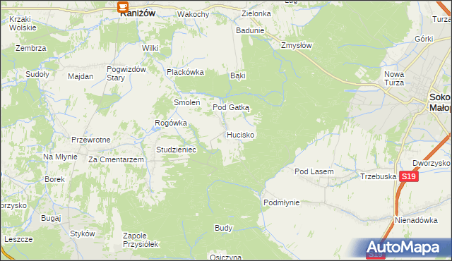 mapa Hucisko gmina Głogów Małopolski, Hucisko gmina Głogów Małopolski na mapie Targeo