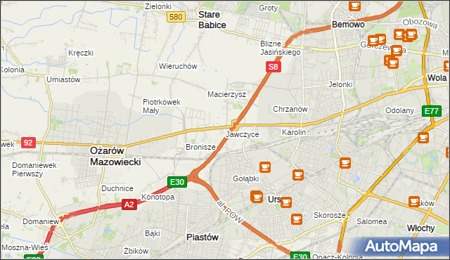 mapa Jawczyce gmina Ożarów Mazowiecki, Jawczyce gmina Ożarów Mazowiecki na mapie Targeo