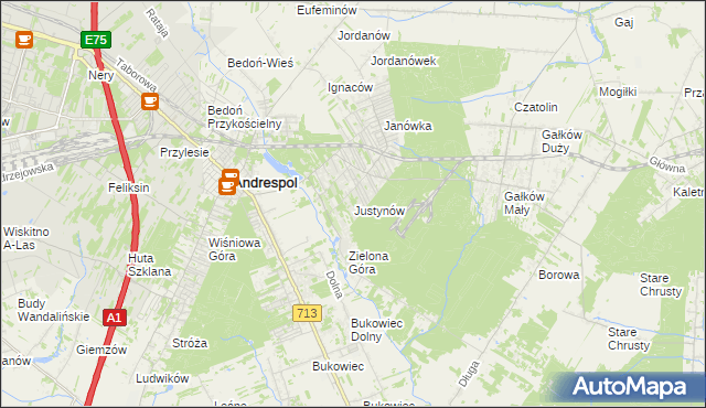 mapa Justynów gmina Andrespol, Justynów gmina Andrespol na mapie Targeo