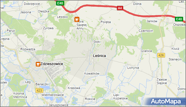 mapa Leśnica powiat strzelecki, Leśnica powiat strzelecki na mapie Targeo