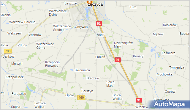 mapa Lubień gmina Łęczyca, Lubień gmina Łęczyca na mapie Targeo