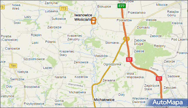 mapa Maszków gmina Iwanowice, Maszków gmina Iwanowice na mapie Targeo