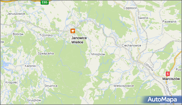 mapa Mniszków gmina Janowice Wielkie, Mniszków gmina Janowice Wielkie na mapie Targeo