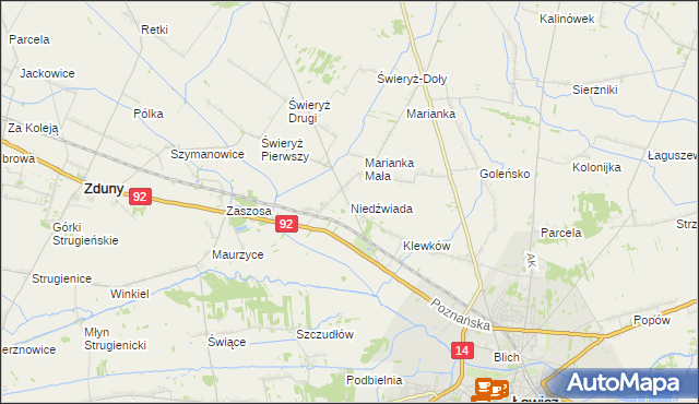 mapa Niedźwiada gmina Łowicz, Niedźwiada gmina Łowicz na mapie Targeo