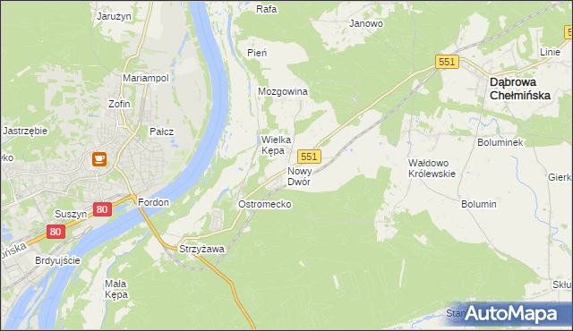 mapa Nowy Dwór gmina Dąbrowa Chełmińska, Nowy Dwór gmina Dąbrowa Chełmińska na mapie Targeo