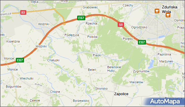 mapa Piaski gmina Zduńska Wola, Piaski gmina Zduńska Wola na mapie Targeo
