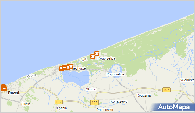 mapa Pogorzelica gmina Rewal, Pogorzelica gmina Rewal na mapie Targeo
