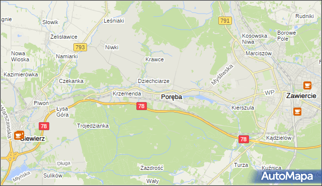 mapa Poręba powiat zawierciański, Poręba powiat zawierciański na mapie Targeo