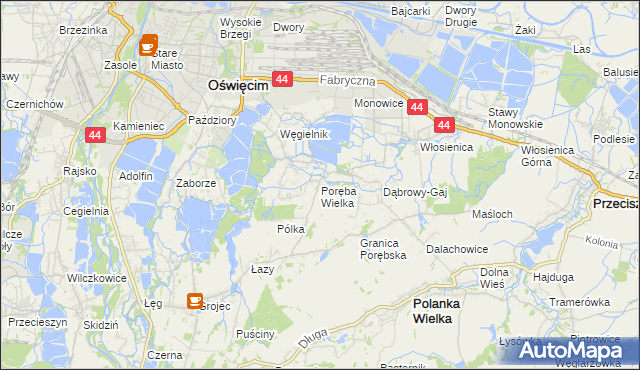mapa Poręba Wielka gmina Oświęcim, Poręba Wielka gmina Oświęcim na mapie Targeo