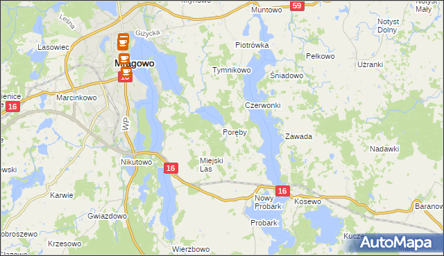 mapa Poręby gmina Mrągowo, Poręby gmina Mrągowo na mapie Targeo