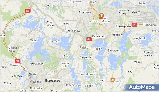 mapa Rajsko gmina Oświęcim, Rajsko gmina Oświęcim na mapie Targeo