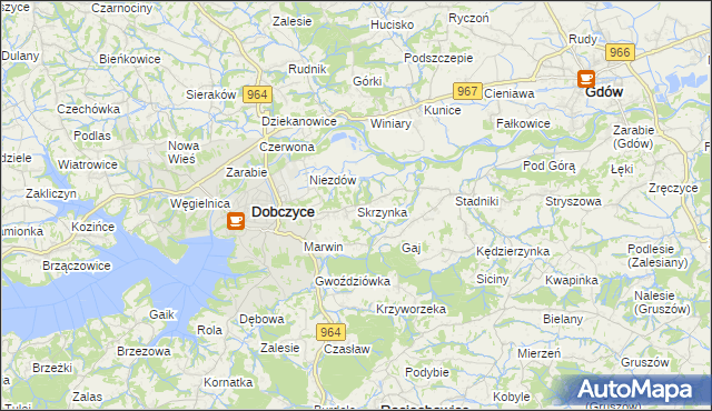 mapa Skrzynka gmina Dobczyce, Skrzynka gmina Dobczyce na mapie Targeo