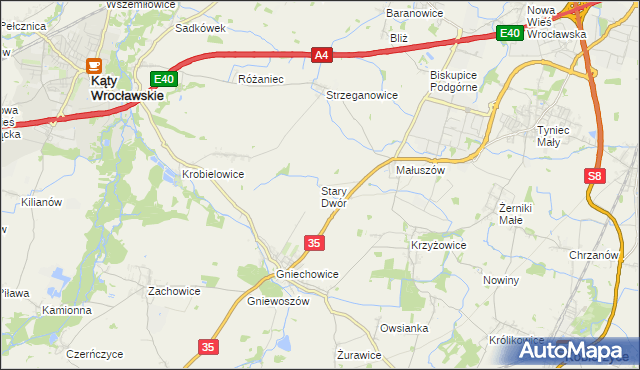 mapa Stary Dwór gmina Kąty Wrocławskie, Stary Dwór gmina Kąty Wrocławskie na mapie Targeo