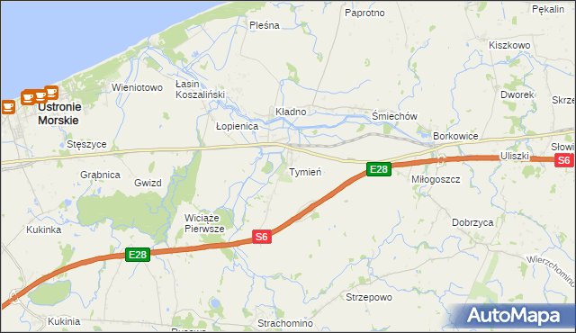 mapa Tymień gmina Będzino, Tymień gmina Będzino na mapie Targeo