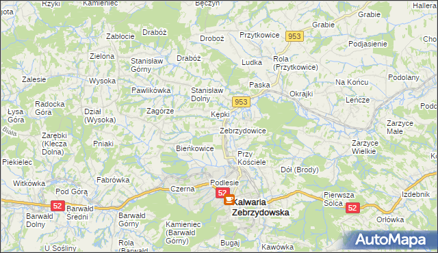 mapa Zebrzydowice gmina Kalwaria Zebrzydowska, Zebrzydowice gmina Kalwaria Zebrzydowska na mapie Targeo