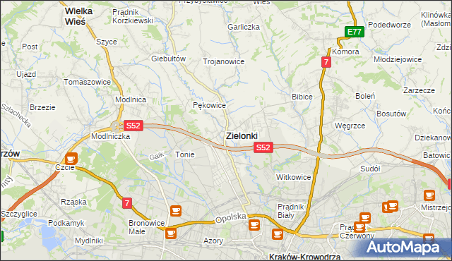 mapa Zielonki powiat krakowski, Zielonki powiat krakowski na mapie Targeo