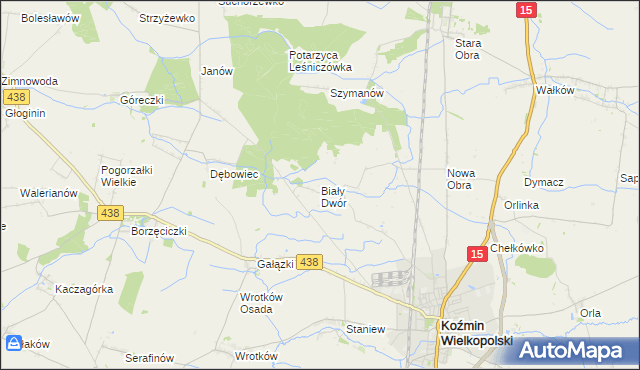 mapa Biały Dwór gmina Koźmin Wielkopolski, Biały Dwór gmina Koźmin Wielkopolski na mapie Targeo