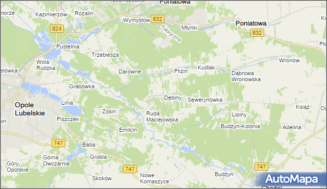 mapa Dębiny gmina Opole Lubelskie, Dębiny gmina Opole Lubelskie na mapie Targeo