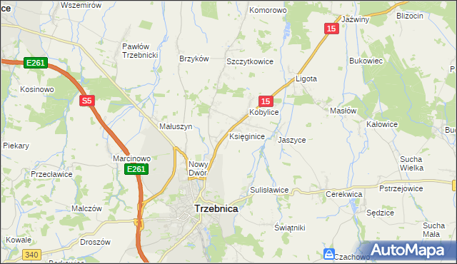 mapa Księginice gmina Trzebnica, Księginice gmina Trzebnica na mapie Targeo