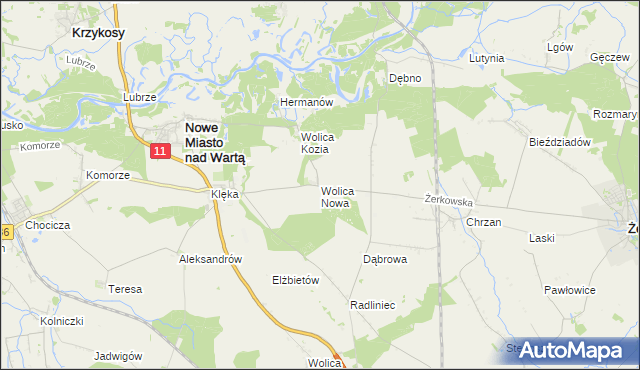 mapa Wolica Nowa gmina Nowe Miasto nad Wartą, Wolica Nowa gmina Nowe Miasto nad Wartą na mapie Targeo