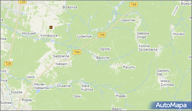 mapa Baczyna gmina Końskie, Baczyna gmina Końskie na mapie Targeo