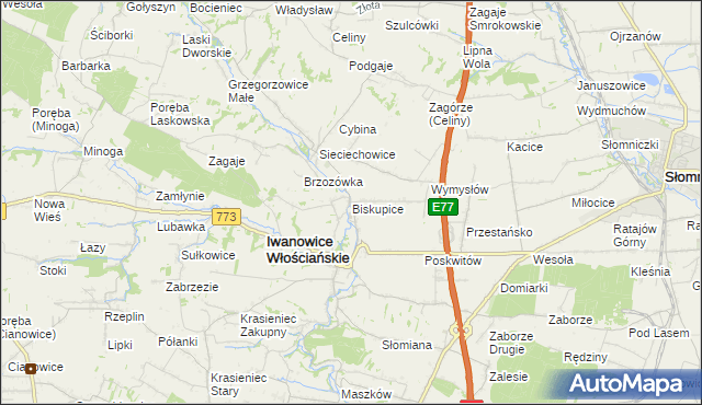 mapa Biskupice gmina Iwanowice, Biskupice gmina Iwanowice na mapie Targeo