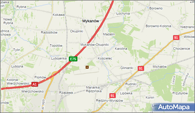 mapa Kościelec gmina Rędziny, Kościelec gmina Rędziny na mapie Targeo