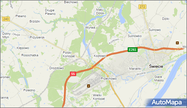 mapa Kozłowo gmina Świecie, Kozłowo gmina Świecie na mapie Targeo