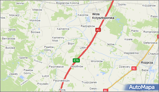mapa Laski gmina Wola Krzysztoporska, Laski gmina Wola Krzysztoporska na mapie Targeo