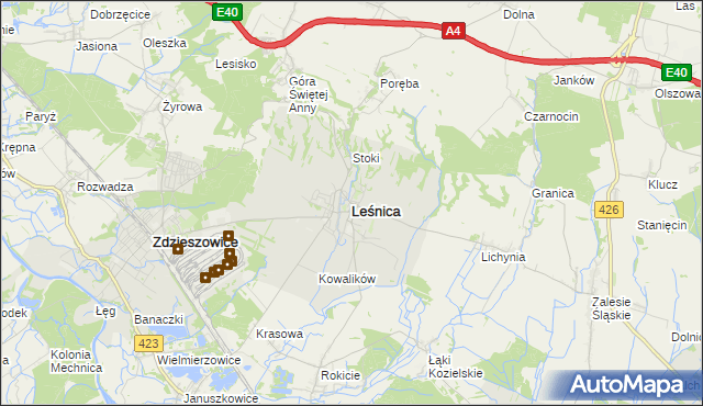 mapa Leśnica powiat strzelecki, Leśnica powiat strzelecki na mapie Targeo