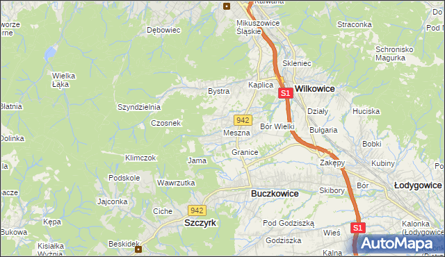 mapa Meszna gmina Wilkowice, Meszna gmina Wilkowice na mapie Targeo