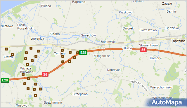 mapa Miłogoszcz gmina Będzino, Miłogoszcz gmina Będzino na mapie Targeo