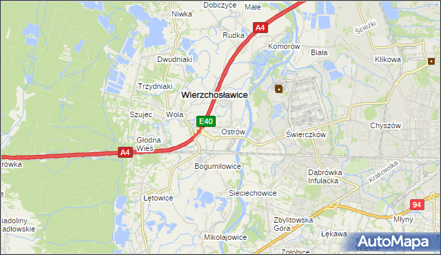 mapa Ostrów gmina Wierzchosławice, Ostrów gmina Wierzchosławice na mapie Targeo