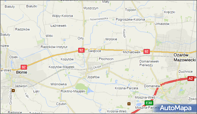 mapa Płochocin gmina Ożarów Mazowiecki, Płochocin gmina Ożarów Mazowiecki na mapie Targeo