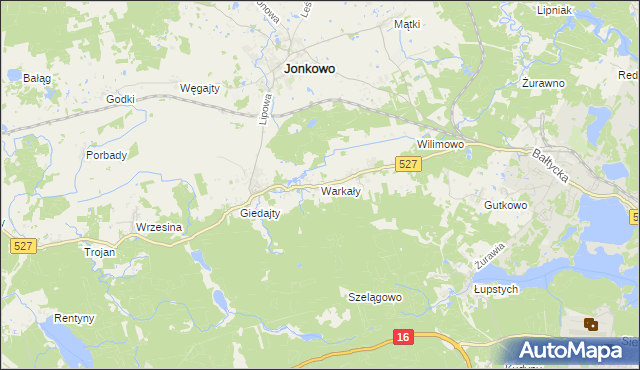 mapa Warkały gmina Jonkowo, Warkały gmina Jonkowo na mapie Targeo