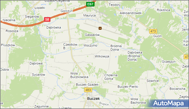 mapa Wilkowyja gmina Buczek, Wilkowyja gmina Buczek na mapie Targeo