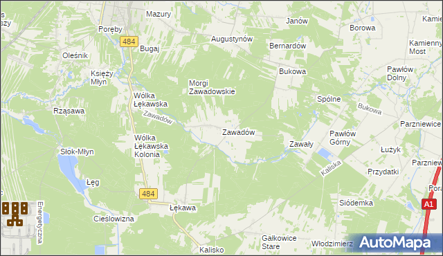 mapa Zawadów gmina Bełchatów, Zawadów gmina Bełchatów na mapie Targeo