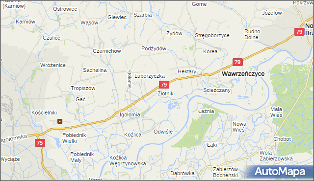 mapa Złotniki gmina Igołomia-Wawrzeńczyce, Złotniki gmina Igołomia-Wawrzeńczyce na mapie Targeo