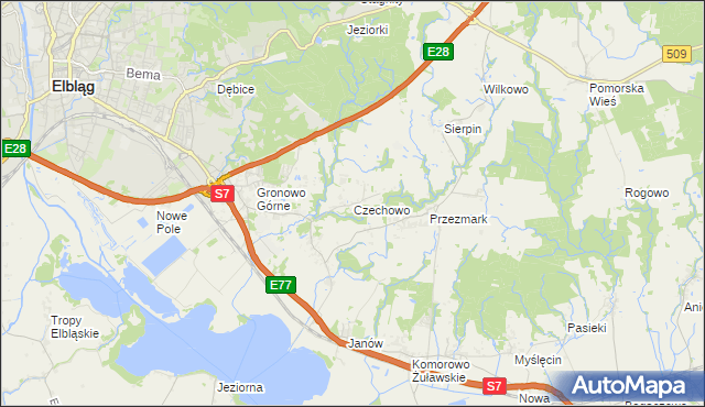 mapa Czechowo gmina Elbląg, Czechowo gmina Elbląg na mapie Targeo