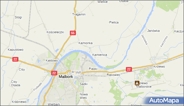 mapa Kamienica gmina Malbork, Kamienica gmina Malbork na mapie Targeo