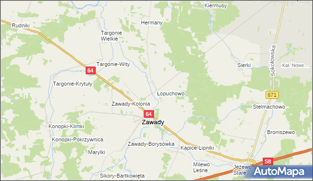 mapa Łopuchowo gmina Tykocin, Łopuchowo gmina Tykocin na mapie Targeo