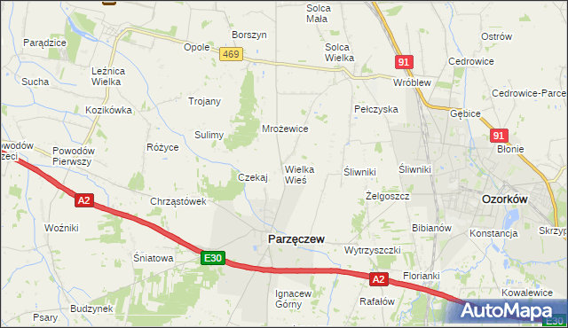 mapa Wielka Wieś gmina Parzęczew, Wielka Wieś gmina Parzęczew na mapie Targeo