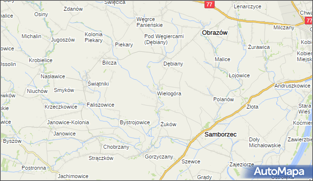 mapa Wielogóra gmina Samborzec, Wielogóra gmina Samborzec na mapie Targeo