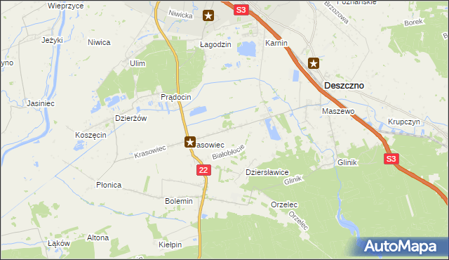 mapa Białobłocie gmina Deszczno, Białobłocie gmina Deszczno na mapie Targeo