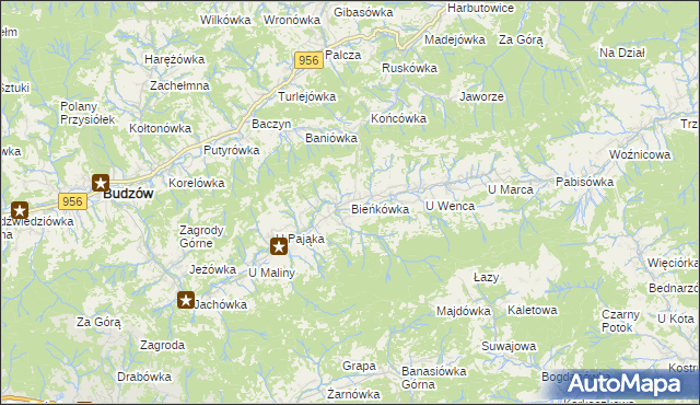 mapa Bieńkówka gmina Budzów, Bieńkówka gmina Budzów na mapie Targeo