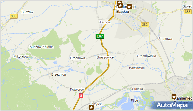 mapa Braszowice, Braszowice na mapie Targeo