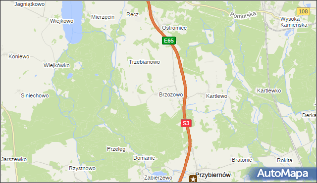 mapa Brzozowo gmina Przybiernów, Brzozowo gmina Przybiernów na mapie Targeo